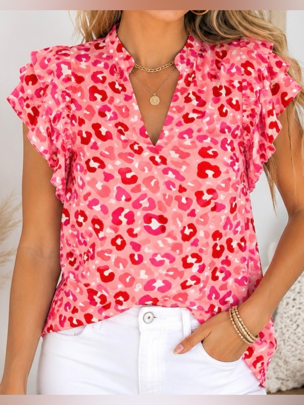 Sunshine & Rodeos Pink Leopard Print Ruffle Sleeve V Neck Boutique Blouse M